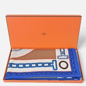 HERMES Effet Kaleidoscope shawl 140 JM/Natural/Bleu ELECT